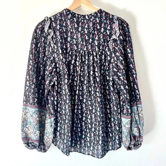 Joie Navy Blue Pattern Balloon Sleeve Cotton Peasant Top Size Medium NWOT - Picture 5 of 9